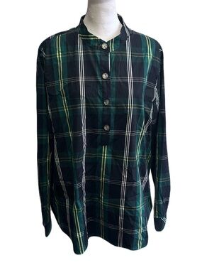 CHICOS Plaid Crystal Button Top in Jasper, Like New